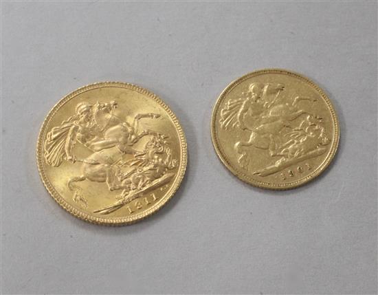 A 1911 gold full sovereign and a 1901 gold half sovereign.